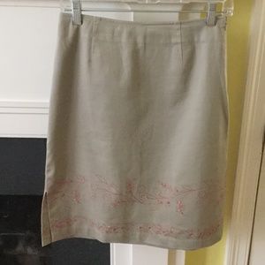Vintage Ann Taylor Stretch Khaki Y2K Orange Floral Embroidered Detail Skirt Sz 4